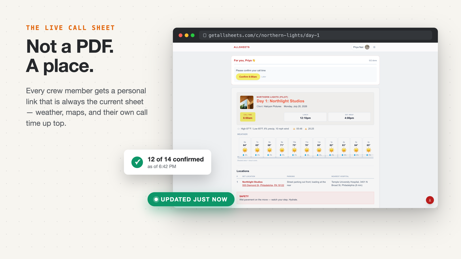 A live call sheet open in a browser window, with a personal confirm button and hourly weather at the top