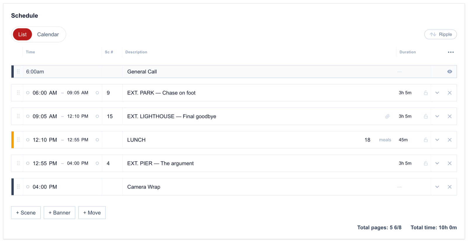 A shoot-day schedule built from strips: general call, scenes, lunch, and a company move with times and durations