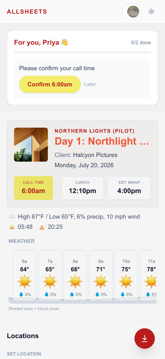 A live call sheet on a phone showing the day's high and low temperature, sunrise and sunset times, and hourly weather with cloud cover