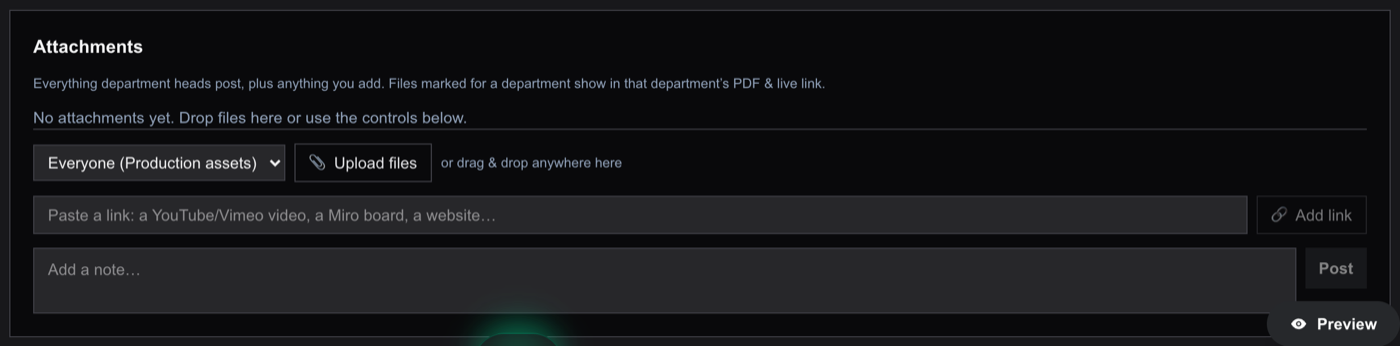 The Attachments section: the day's file hub with an upload and add-link row for tiles of files and video links