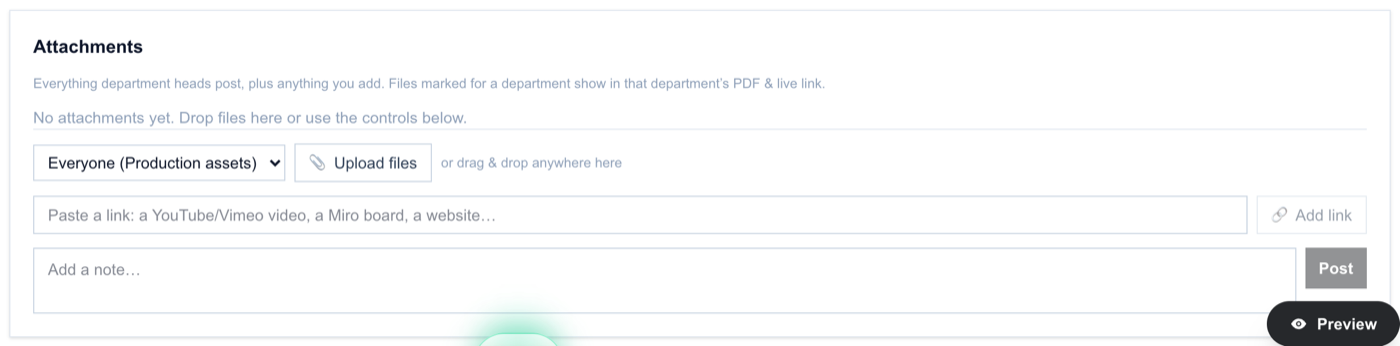 The Attachments section: the day's file hub with an upload and add-link row for tiles of files and video links