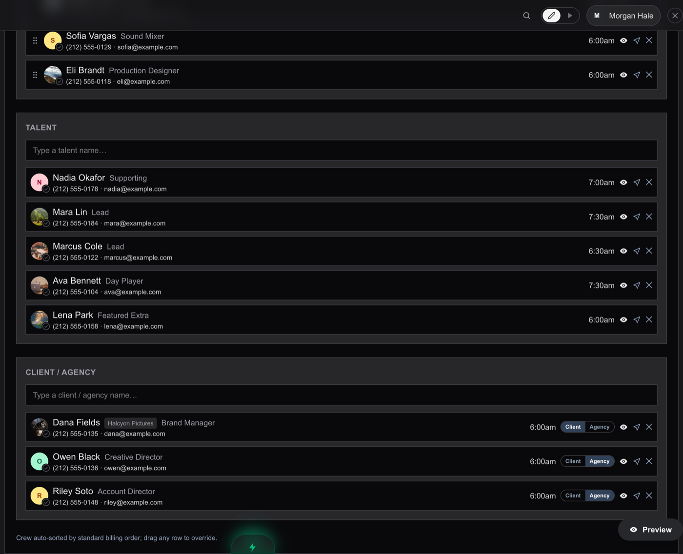 The Cast & Crew section: crew, talent, and client/agency groups with photos, roles, call times, and per-row controls