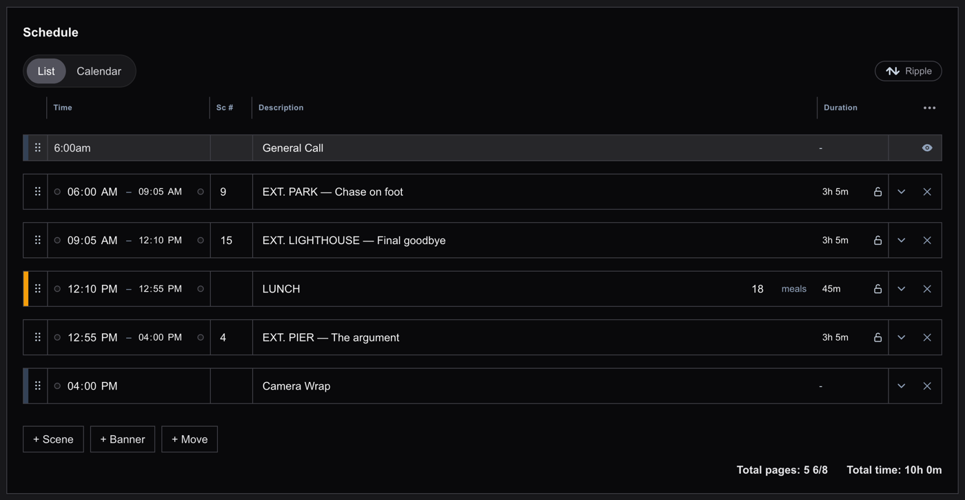A shoot-day schedule of strips: General Call, scenes with times and durations, a Lunch banner, and Camera Wrap