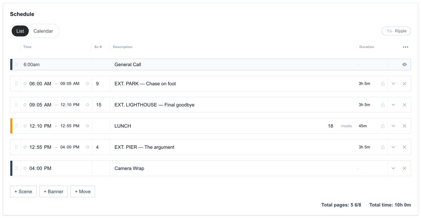 A shoot-day schedule of strips: General Call, scenes with times and durations, a Lunch banner, and Camera Wrap