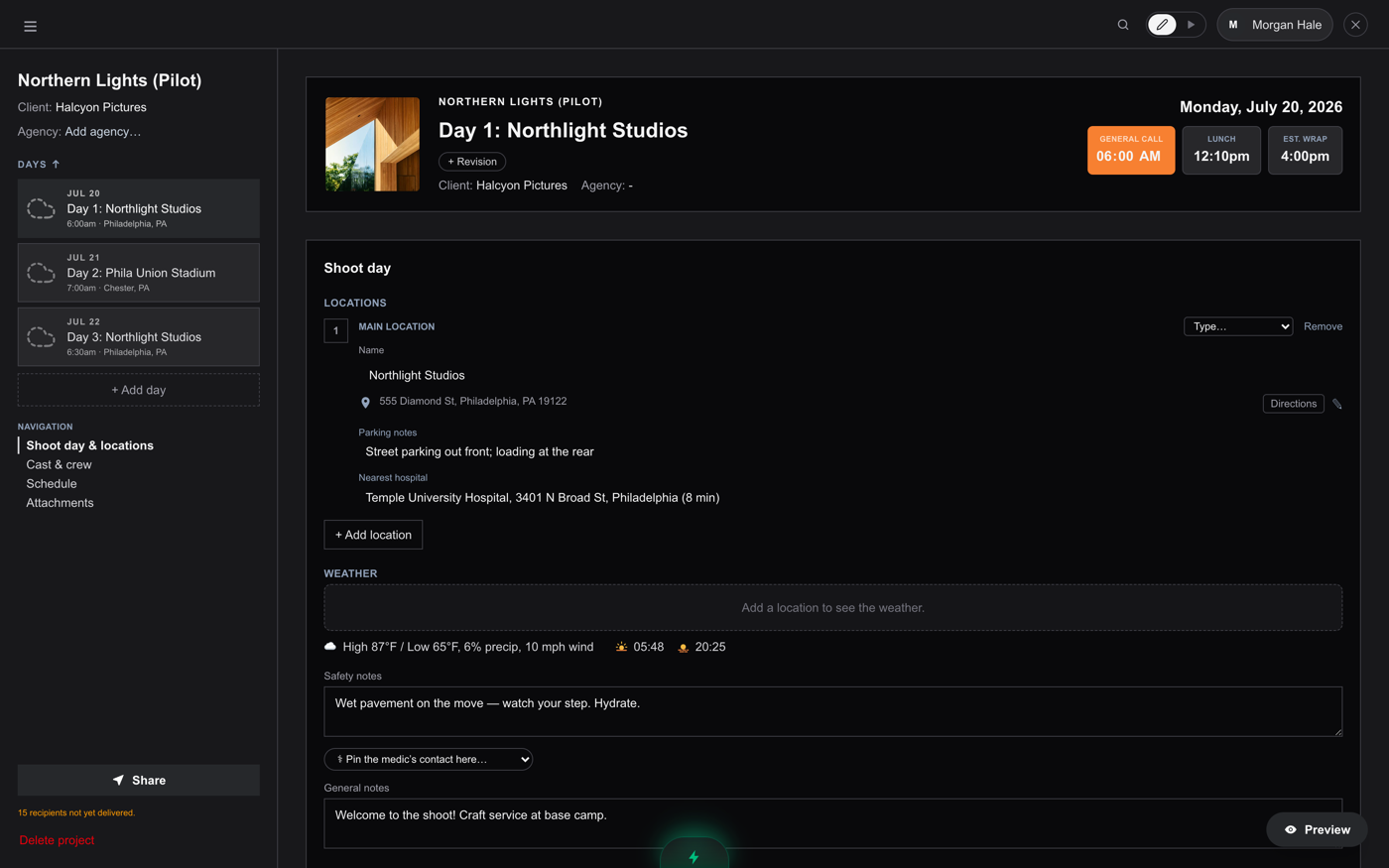 The builder: day tabs on the left, the summary bar with call times up top, and the Shoot Day section below