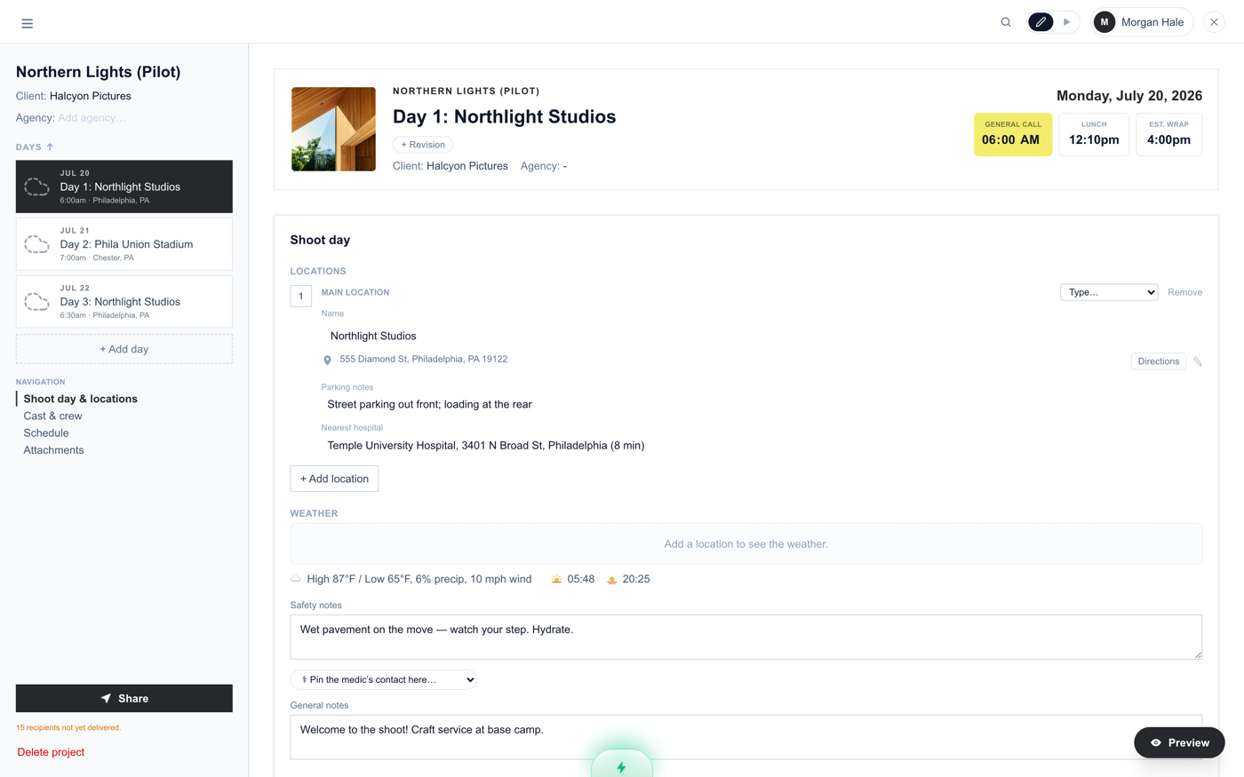 The builder: day tabs on the left, the summary bar with call times up top, and the Shoot Day section below