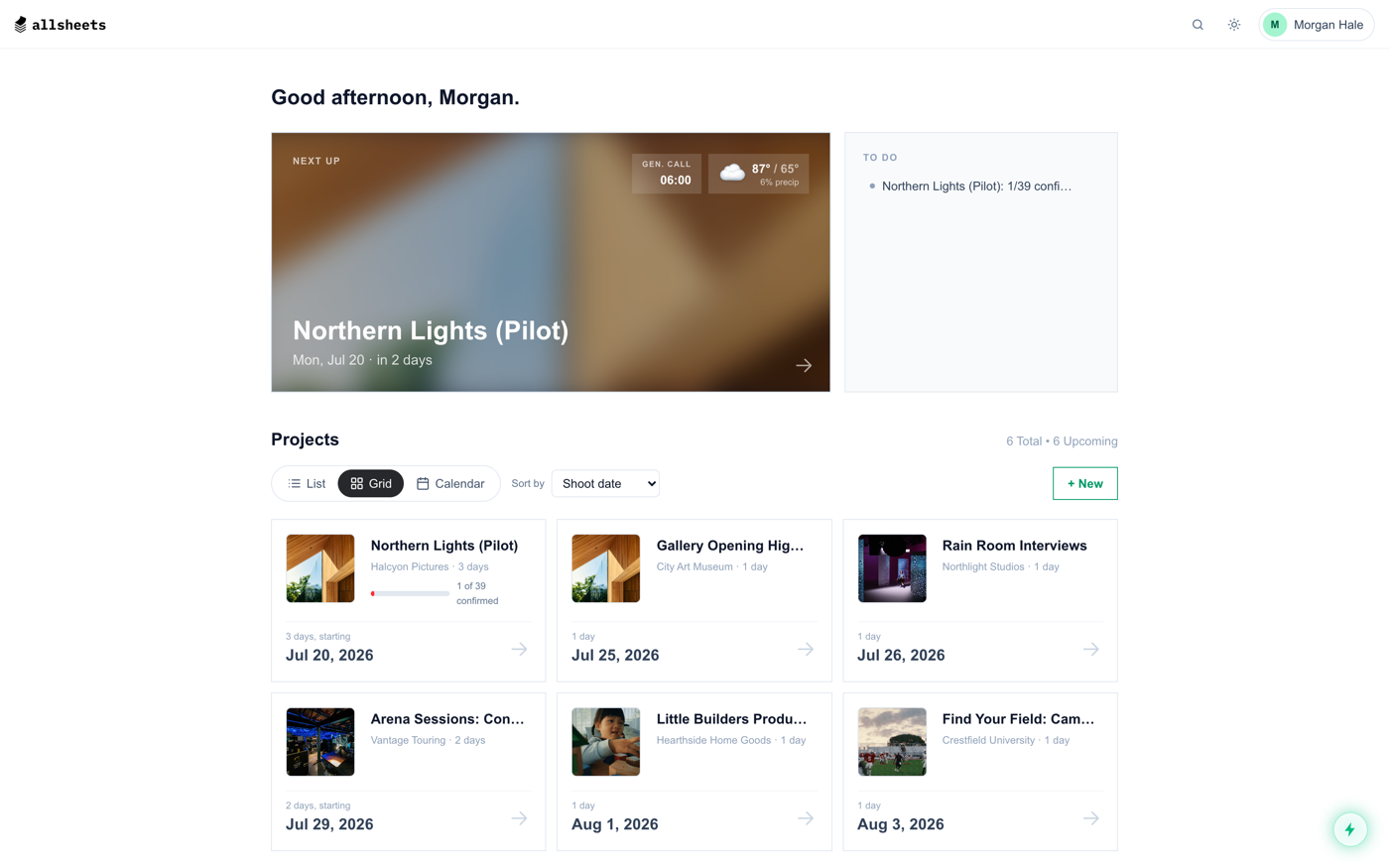 The AllSheets dashboard: a next-up overview card and a grid of project cards with confirmation status