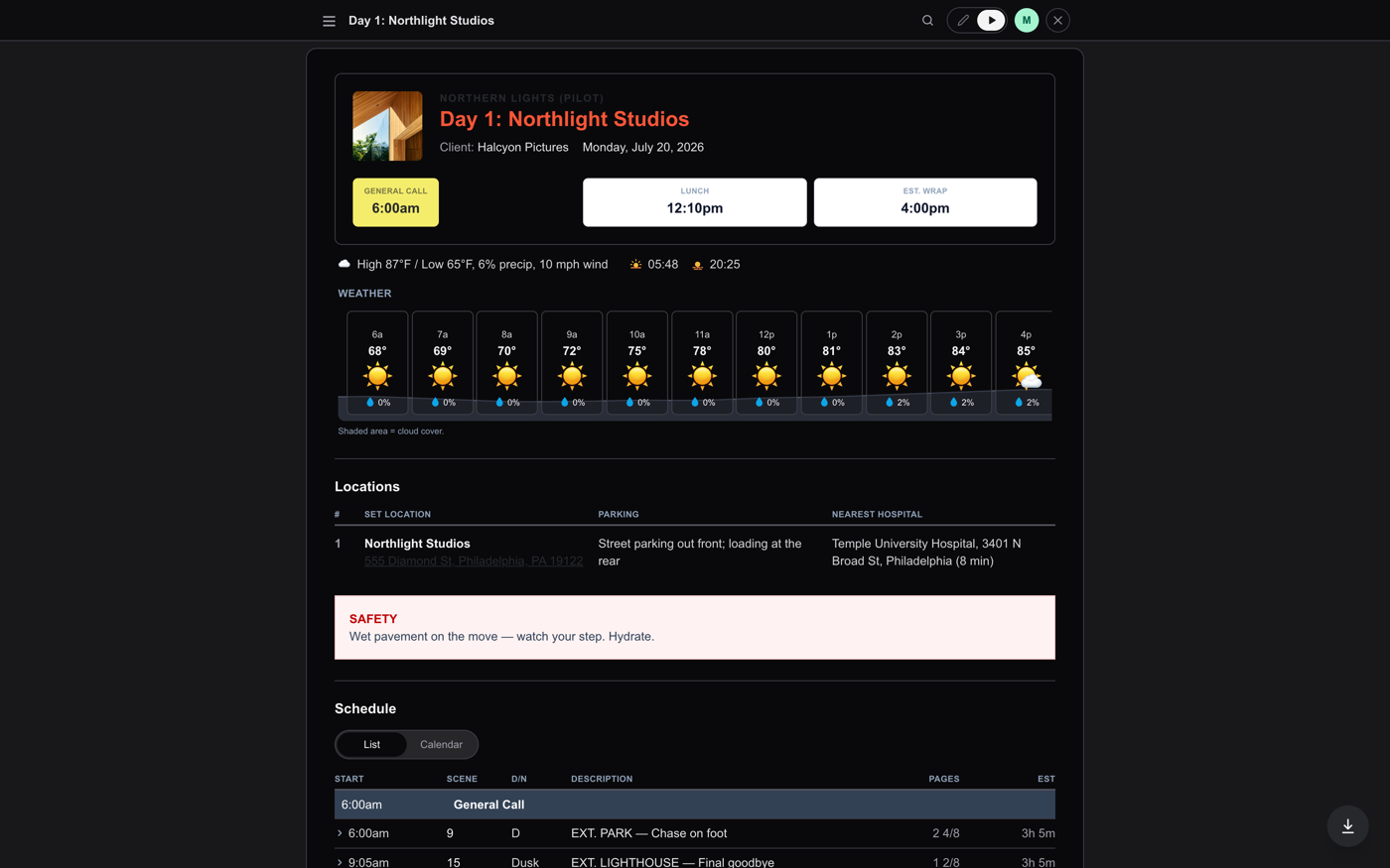 A recipient's live call sheet: the day and production up top, their call time, hourly weather, locations, and the schedule