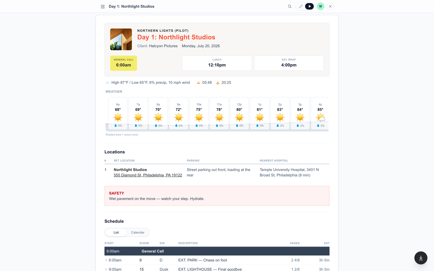 A recipient's live call sheet: the day and production up top, their call time, hourly weather, locations, and the schedule